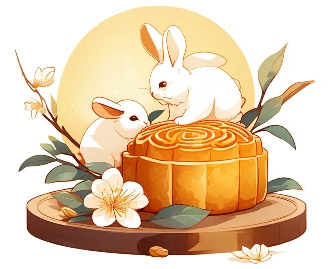 Symbole Święta Środka Jesieni: białe króliczki siedzące na ciasteczku księżycowym.