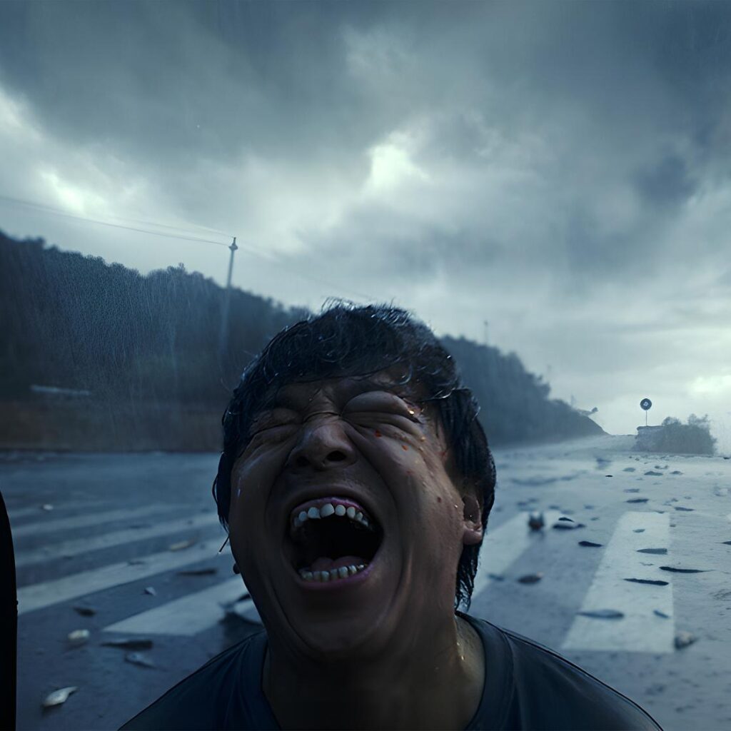 Kadr z filmu Across the furious sea – mężczyzna krzyczący w deszczu